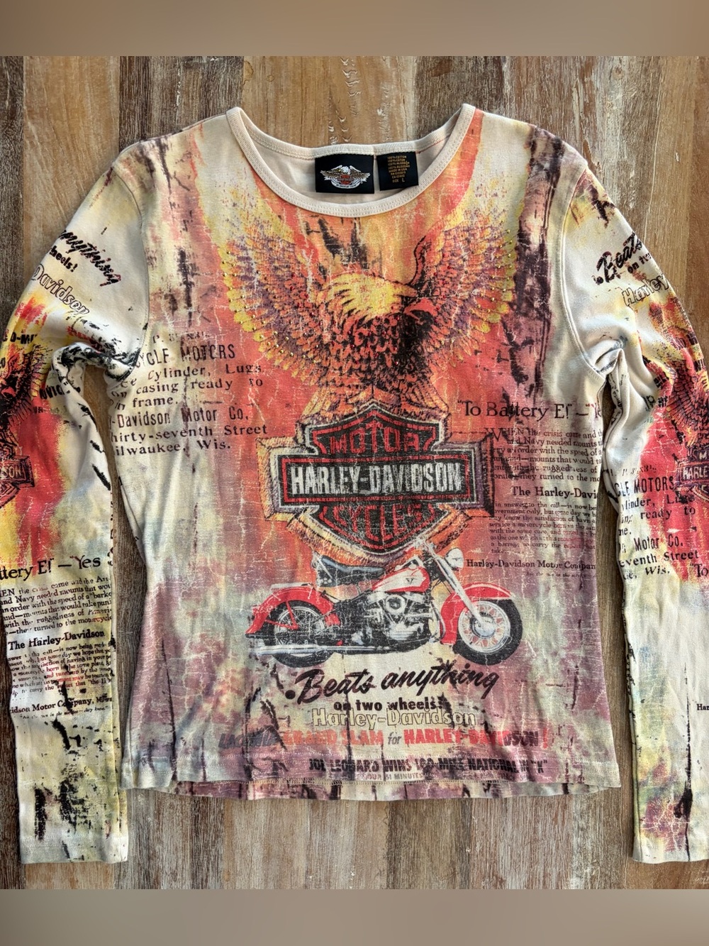 2000s Harley-Davidson Distressed Beaded Long Sleeve Large Graphic Tee Eagle Moto